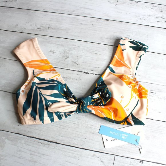Cupshe Women's Bikini Swimsuit Top Size XS Orange Teal Green Tropical - Picture 1 of 4